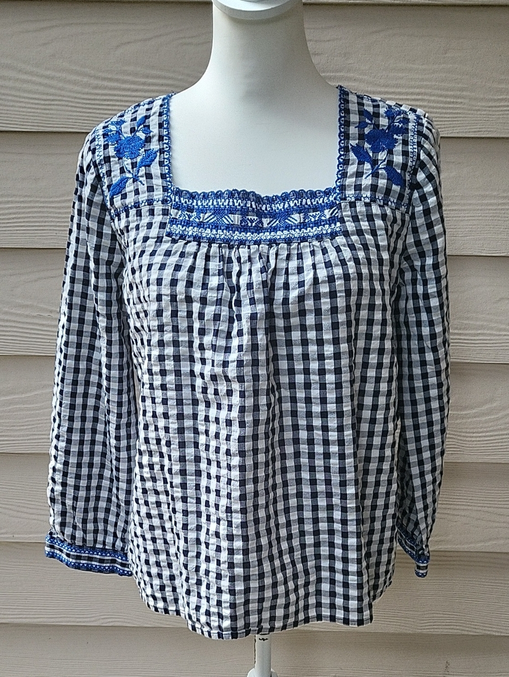 J.Crew Gingham Embroidered Peasant Top Black White Small